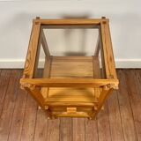 Table d’appoint brutaliste en pin des années 1970-80, travail d’assemblage remarquable