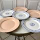 Lot de 6 assiettes plates dépareillées Digoin Sarreguemines  "Arroux" et rose poudré années 30-40