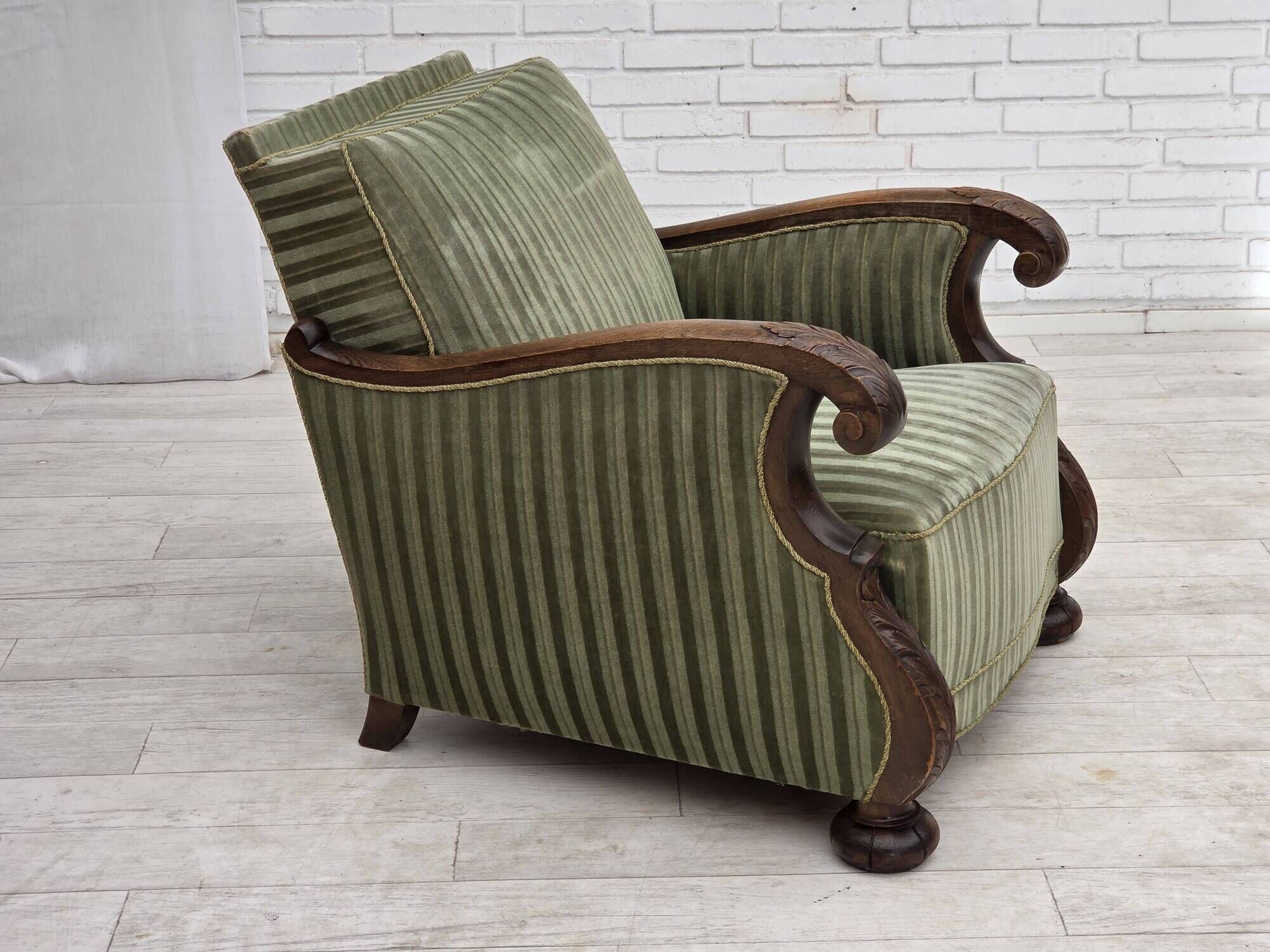1950s, Danish relax armchair, green furniture velour, carved oak wood.
