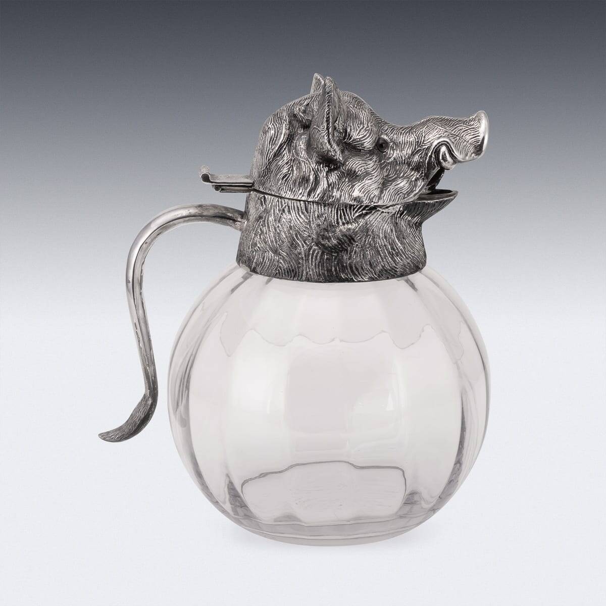 Vintage 20thC Silver Plate Boar Head & Glass Jug By Valenti c.1970