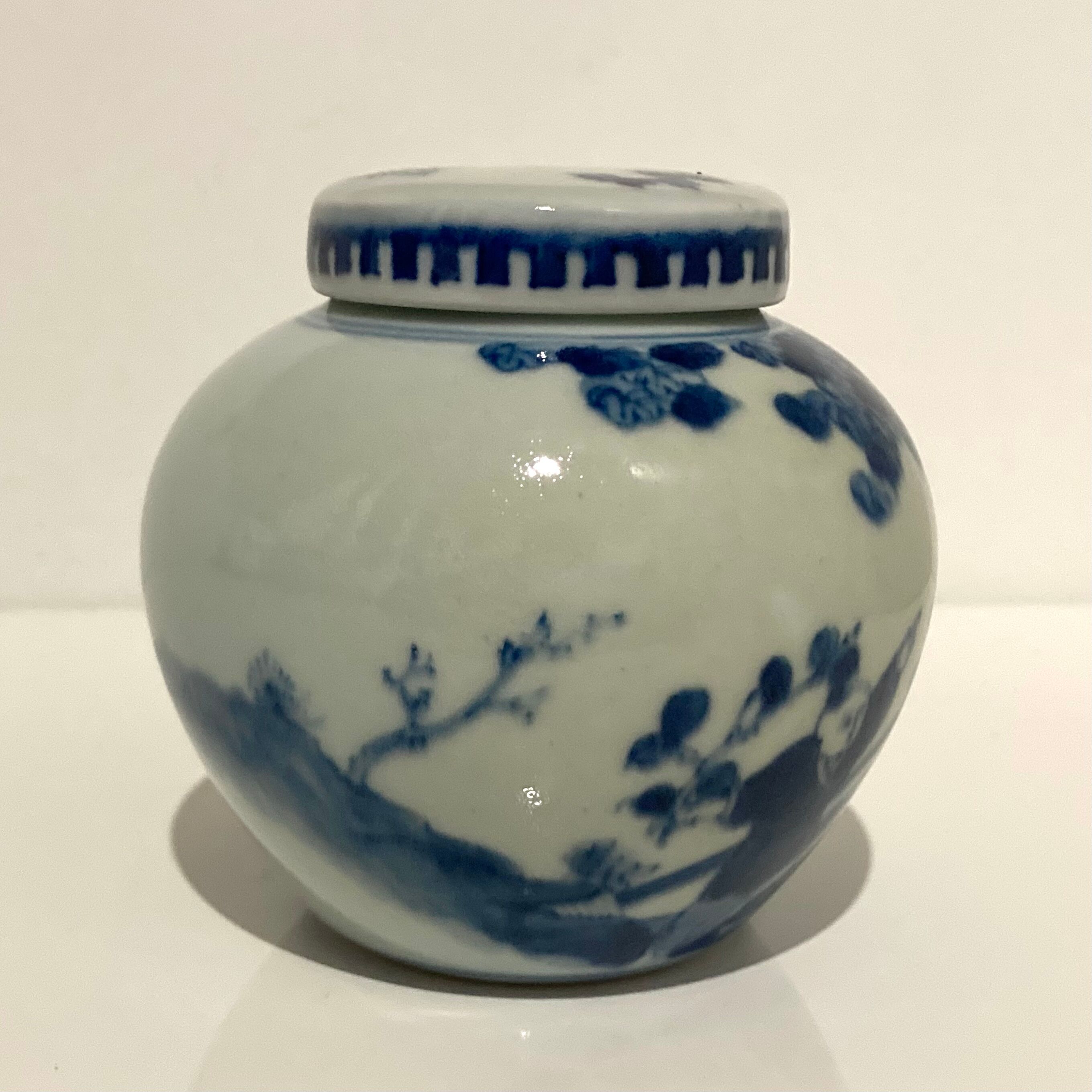 Chinese covered jar in blue white porcelain