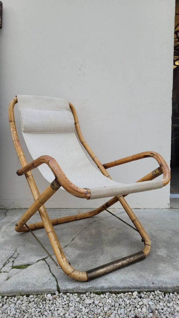 Fauteuil chaise longue transat vintage en bambou 1950s Italy