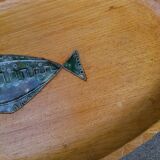 Large tray inlaid with a ceramic fish, 50s