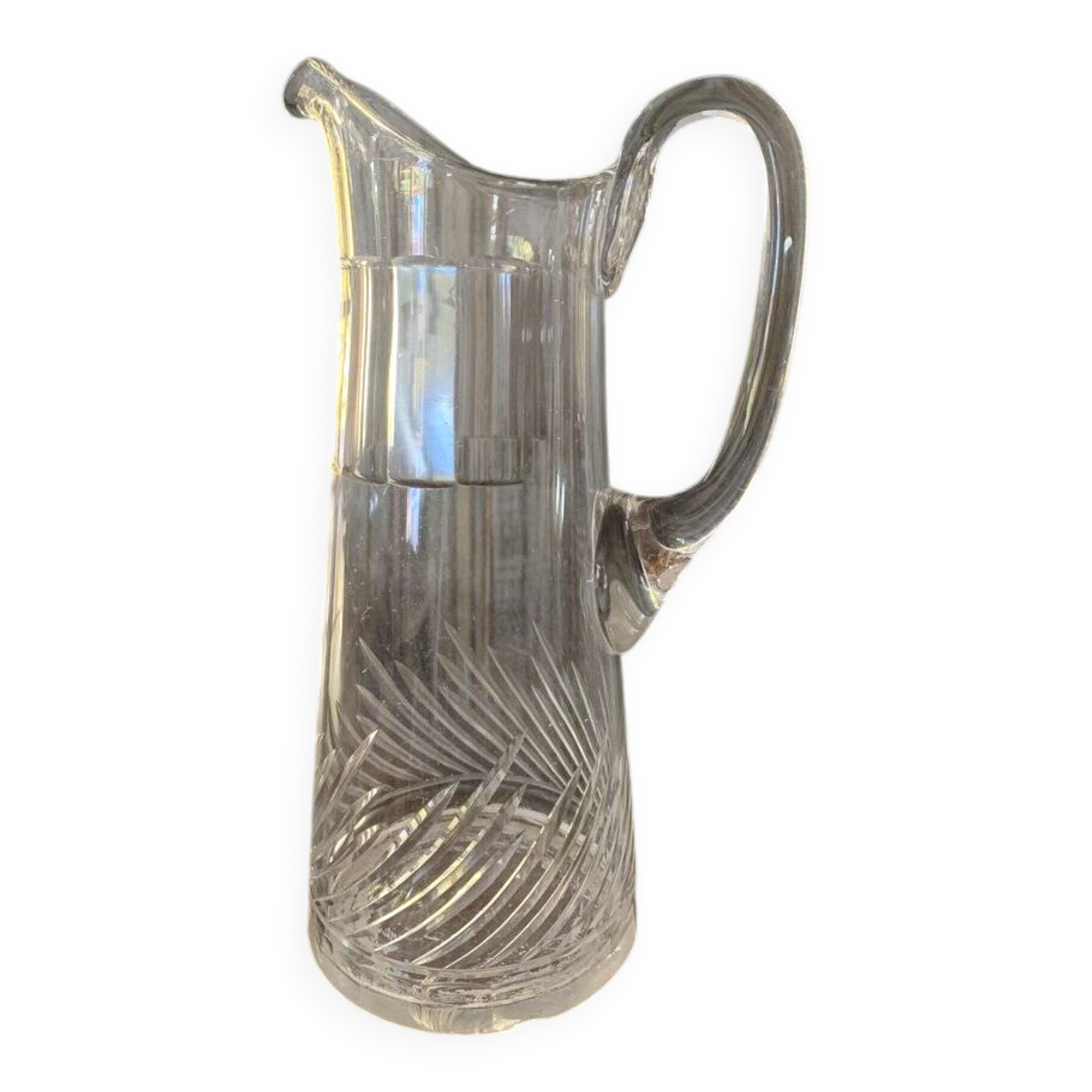 Transparent crystal pitcher, mid-century Hungarian, conical silhouette, sculptural handle and cut decoration.