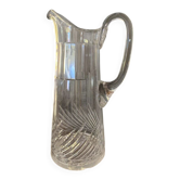 Transparent crystal pitcher, mid-century Hungarian, conical silhouette, sculptural handle and cut decoration.