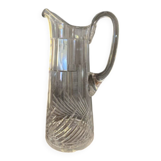 Transparent crystal pitcher, mid-century Hungarian, conical silhouette, sculptural handle and cut decoration.