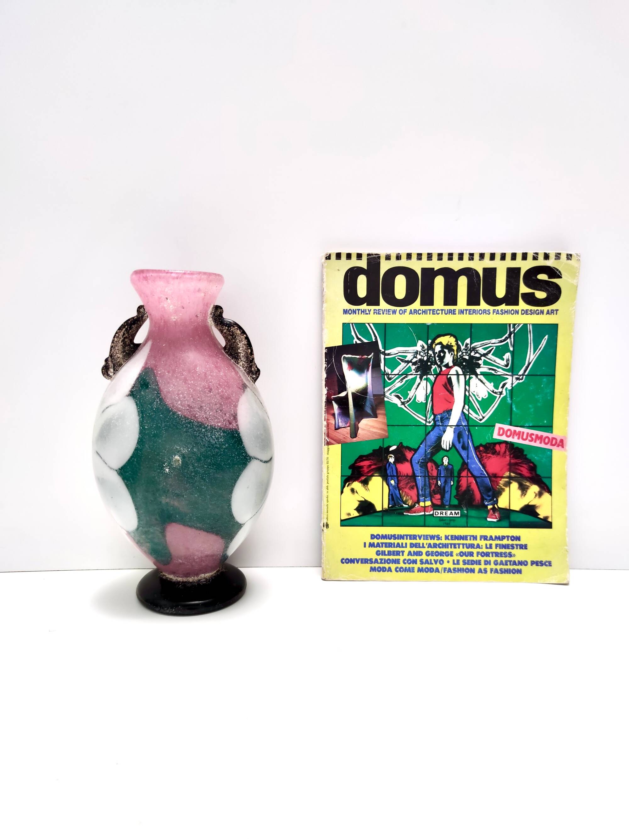 Postmodern Pink, Green and White Hand Blown Scavo Glass Vase, Murano, Italy