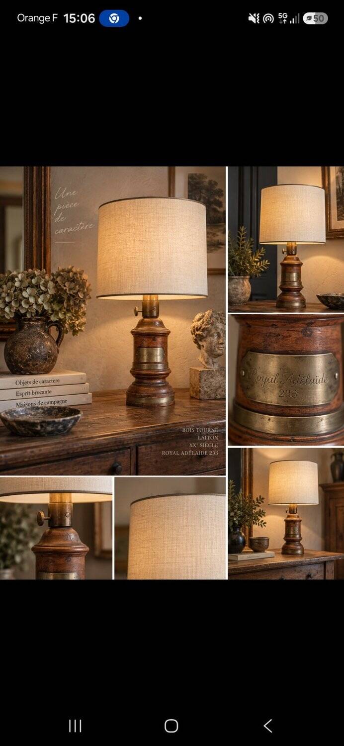 Antique turned wood lamp with engraved brass, Royal Adelaide.