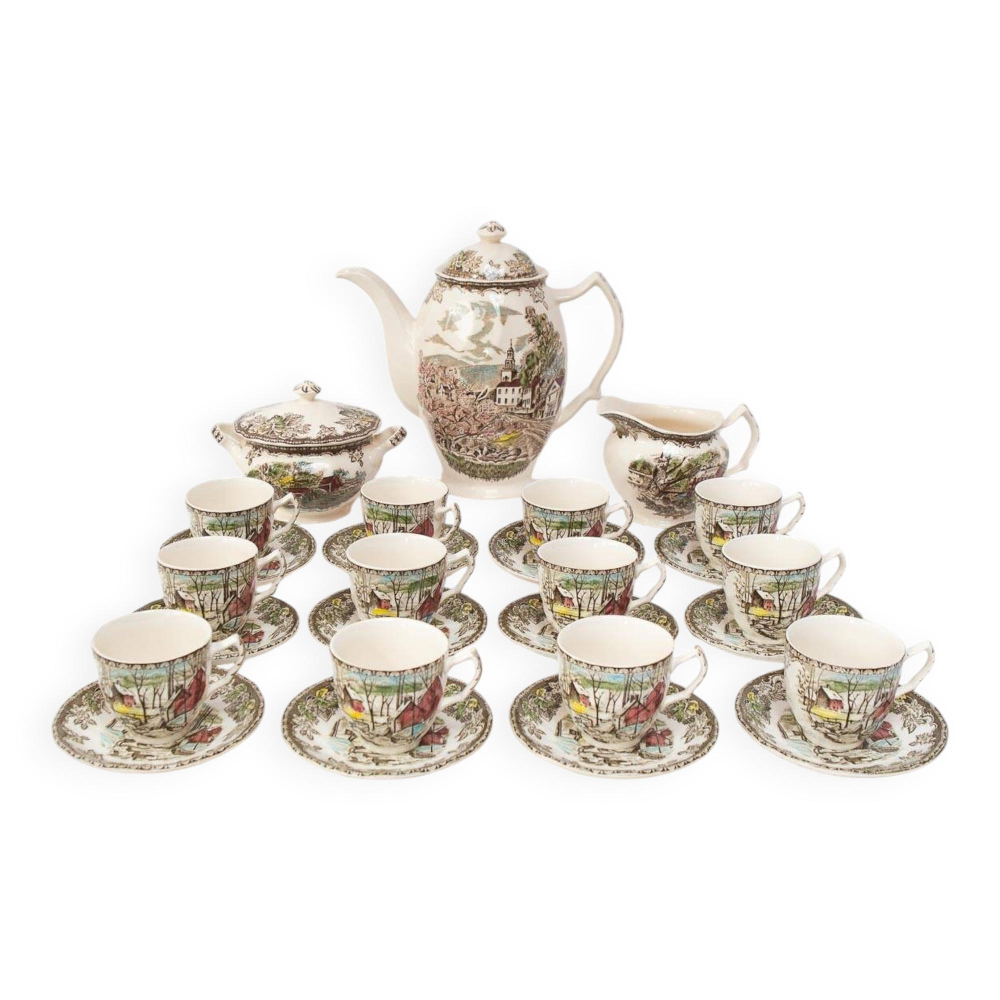 English coffee service for 12 people, “The Friendly Village” Johnson Bros 1960