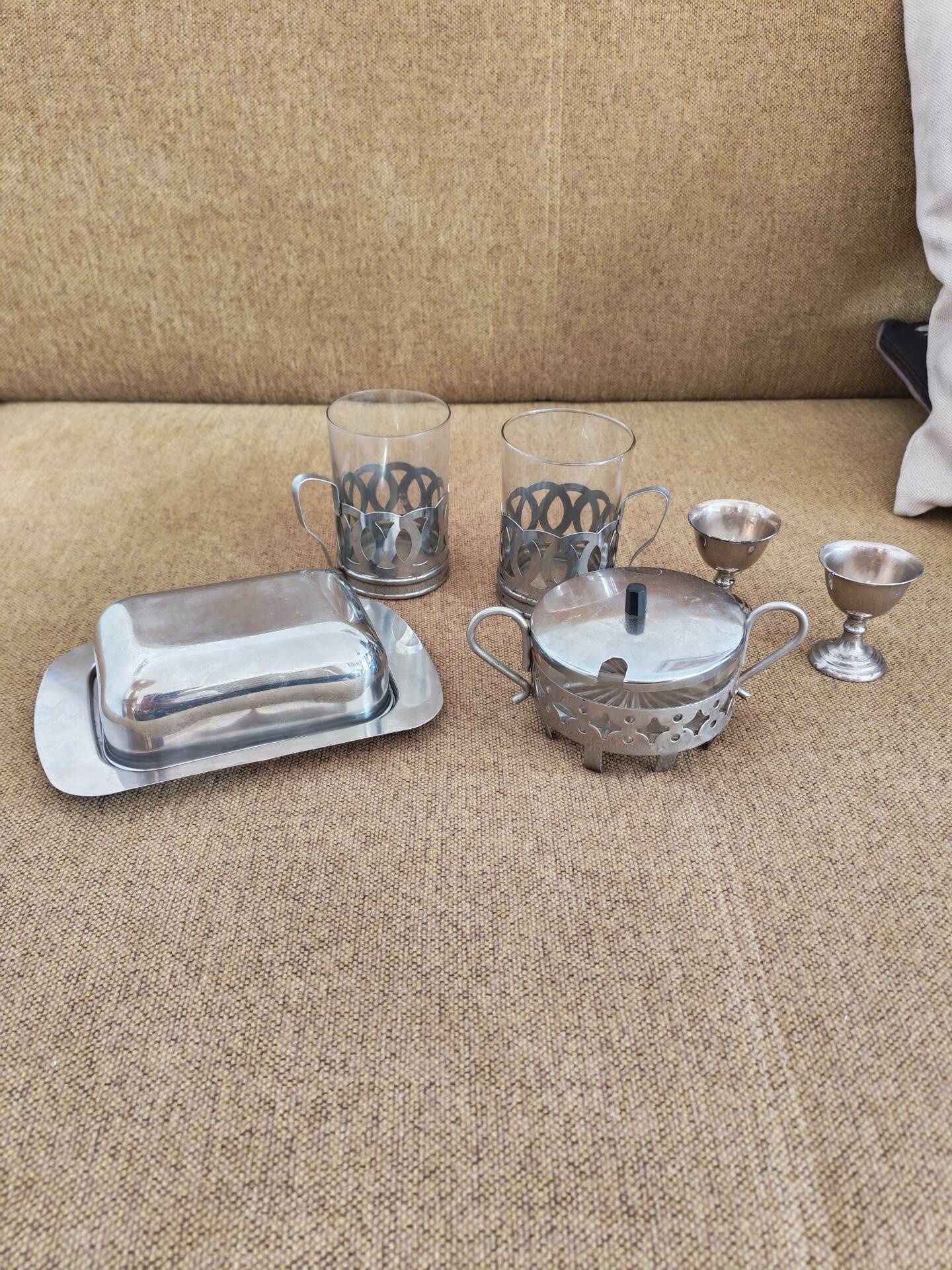 Vintage glass and silver metal breakfast set