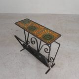 Vintage newspaper rack, magazine rack, table with 3 tiles