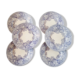 6 assiettes plates en terre de fer violette Sarreguemines U&C modèle géranium, XIXème siècle