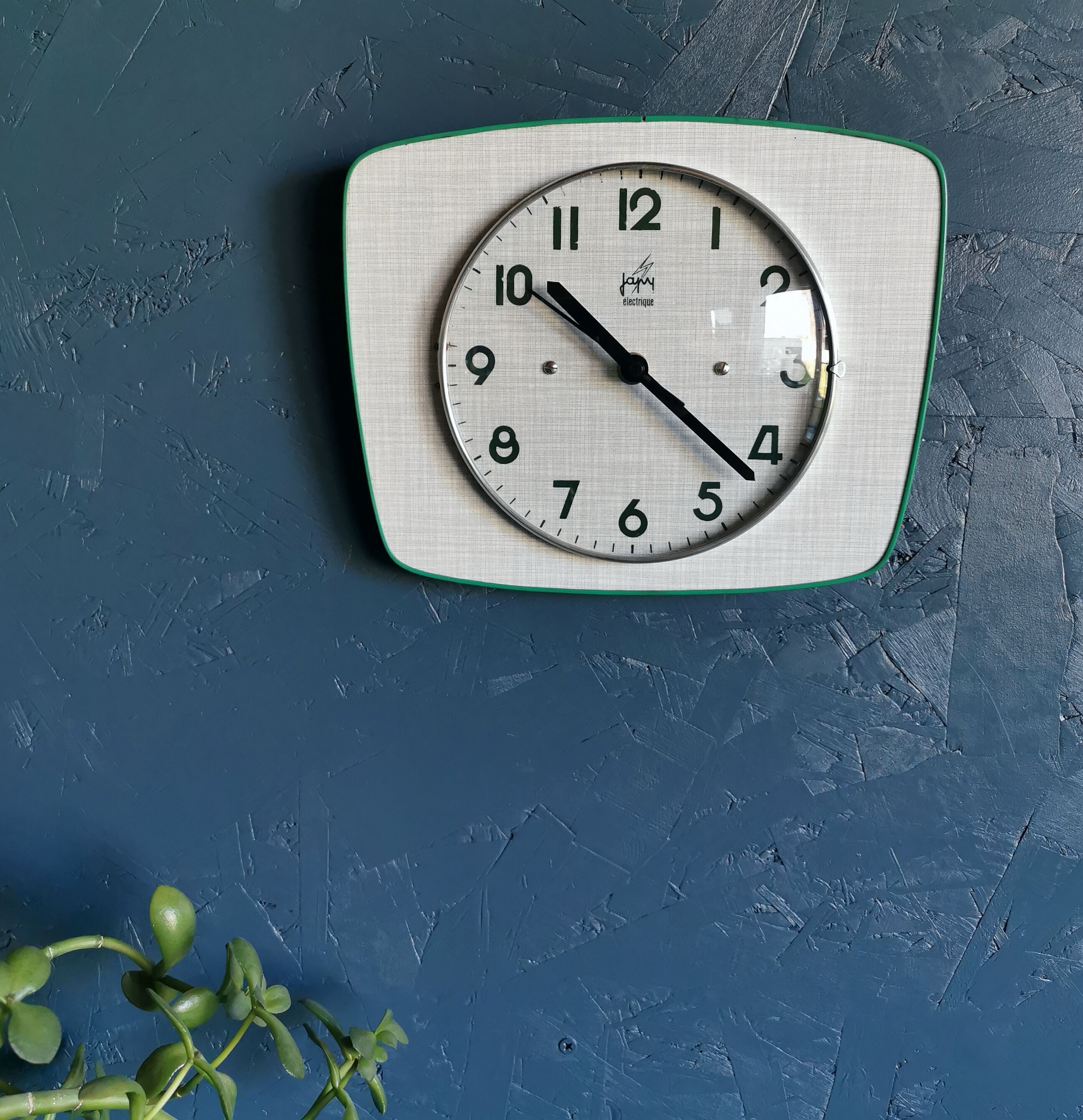 Vintage formica clock silent trapezoid wall clock "Green Japy"