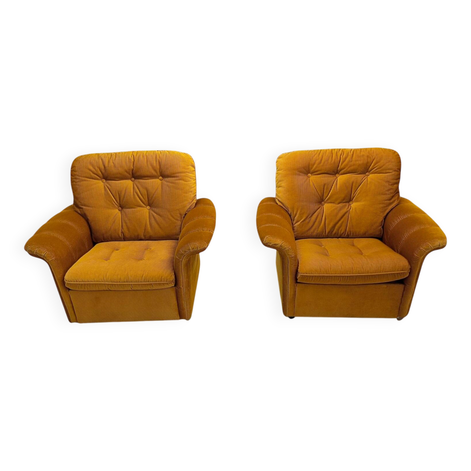 Vintage lounge chair on wheels in golden mustard corduroy 70s