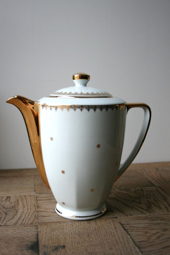 White and gold Limoges porcelain teapot