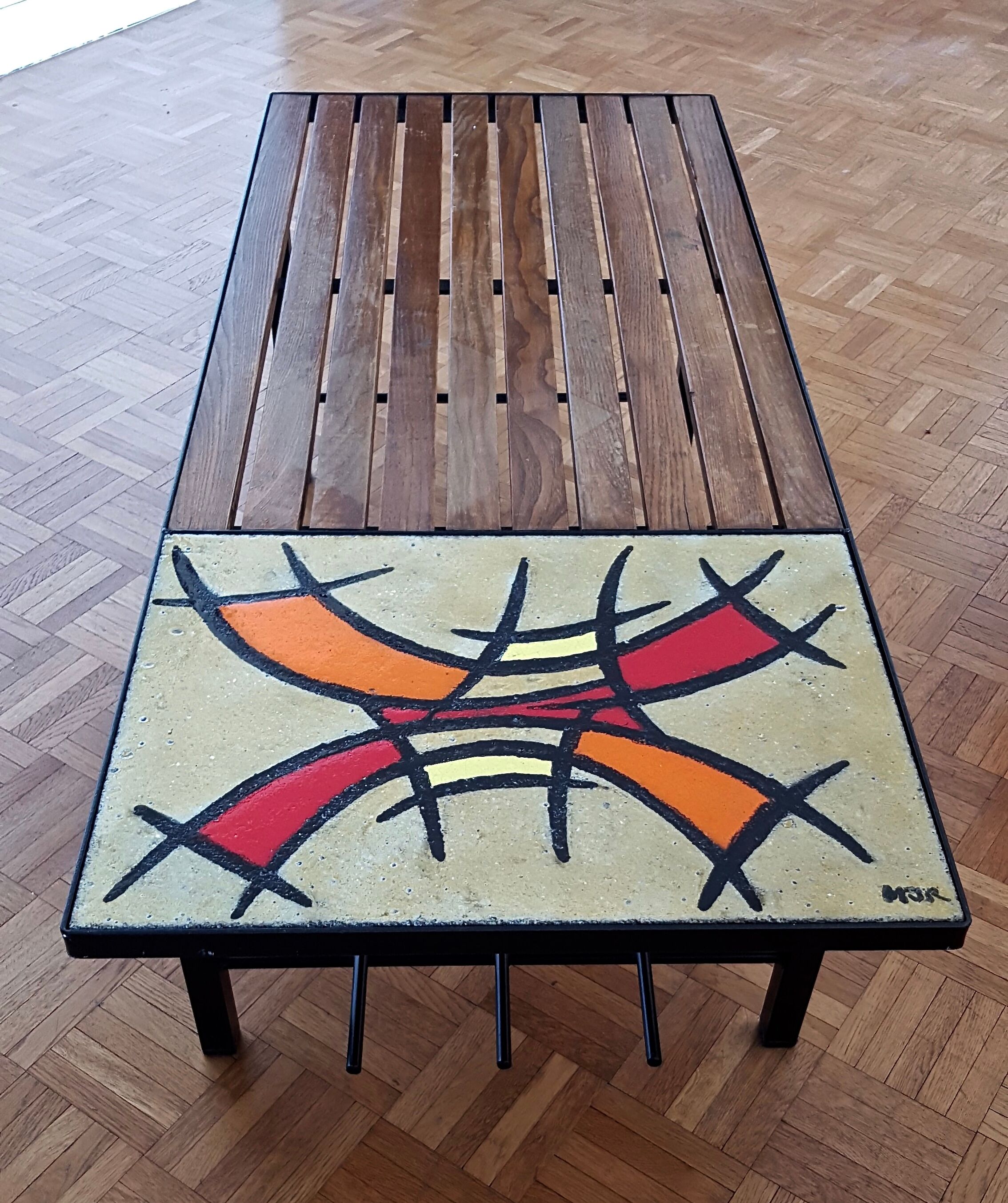 Coffee table vintage iron lava stone and wood