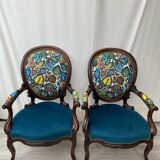 Pair of reupholstered convertible armchairs, 1930s-40s
