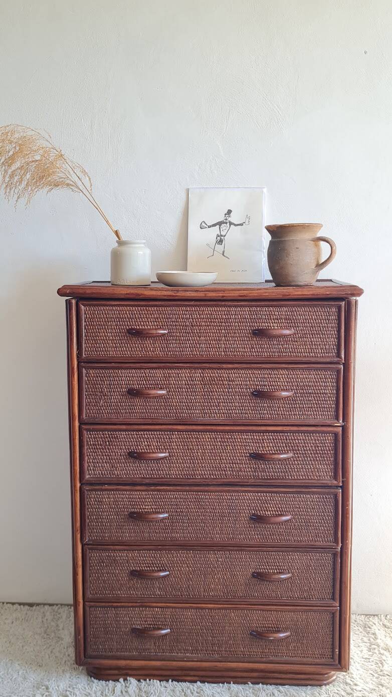 Commode en rotin vintage circa années 70