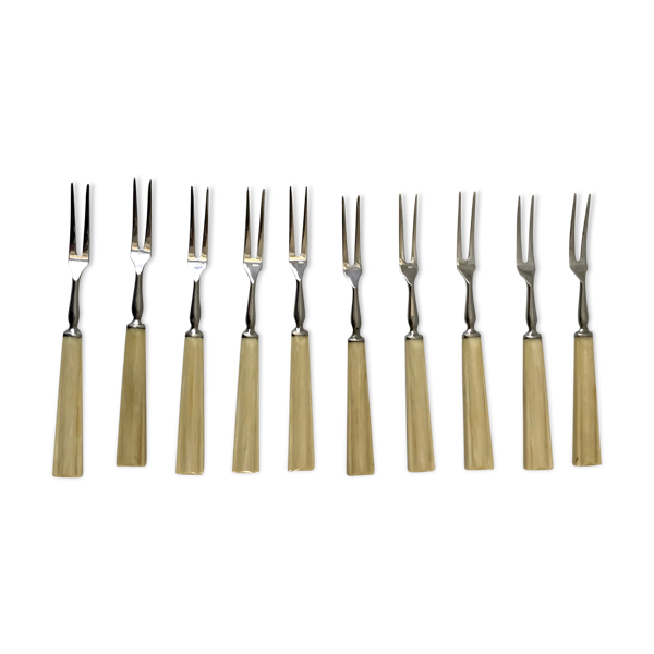 Lot de 10 fourchettes à dessert en bakélite années 60-70