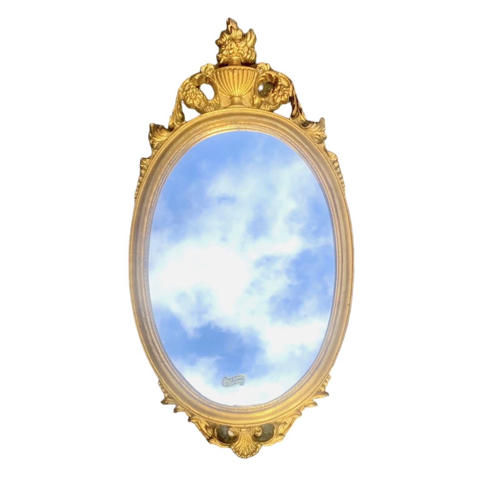 Ancien miroir ovale en résine dorée à la feuille - style baroque - 73 cm