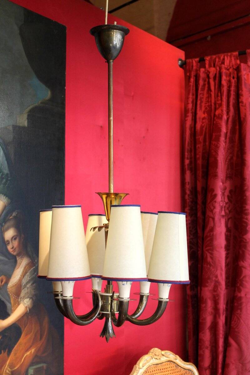 Art Deco Italian Brass 6-Lights Chandelier attributed to Gio Ponti for Lanci, 1930s