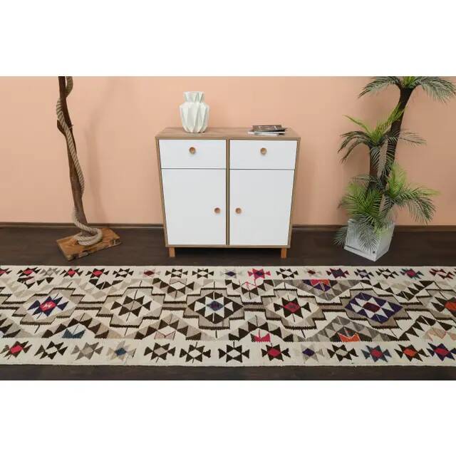 1970s Vintage Turkish Hand-Knotted Wool Cotton Beige Runner Rug 91x350
