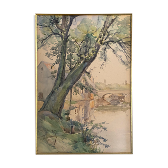 Tableau Aquarelle "Vue de Dijon" l'Ouche en 1919 signée à déchiffrer