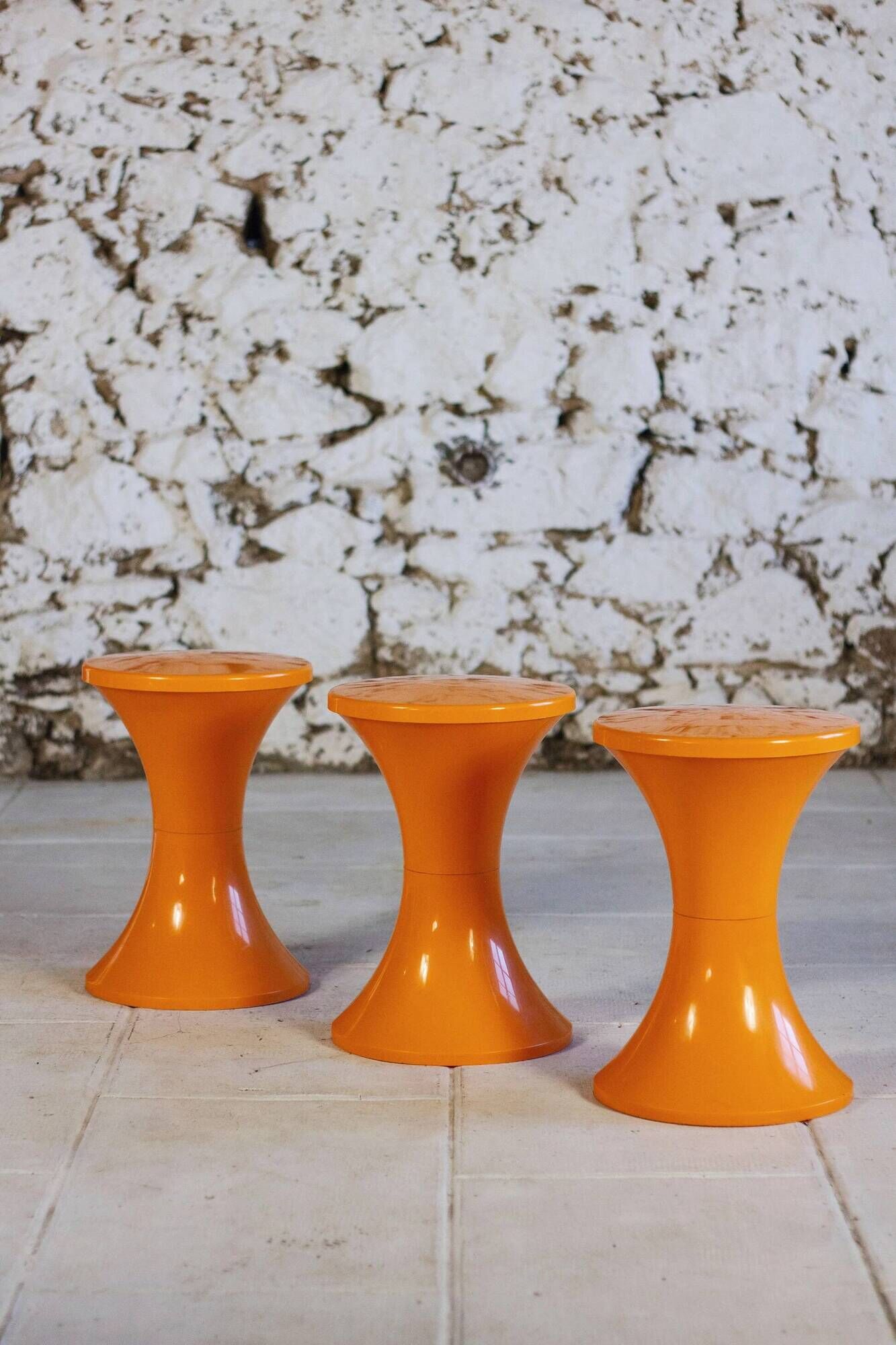Set of 3 Tam Tam stools in orange by Henri Massonnet for Stamp, 1970.