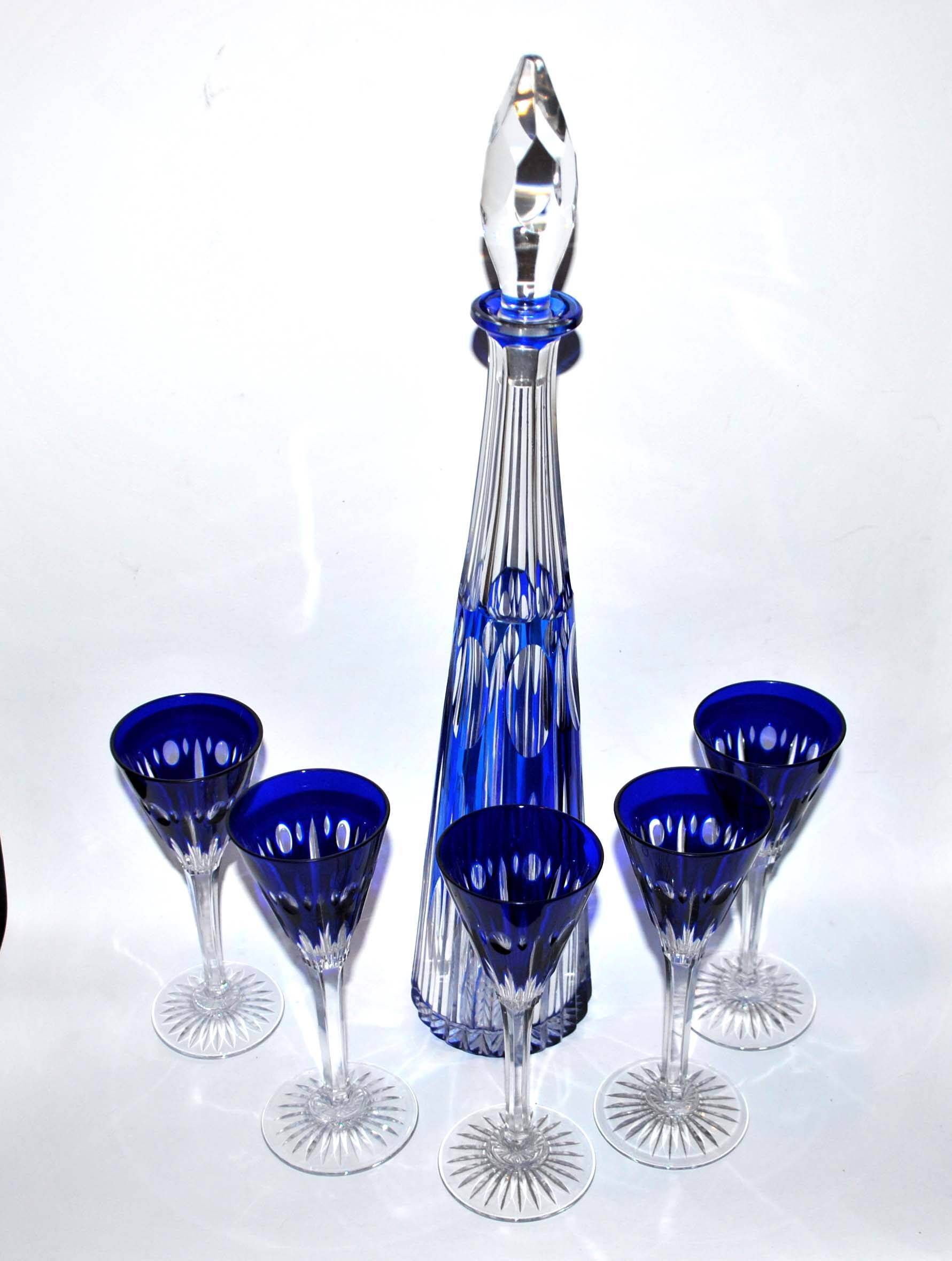 Antique Overlay NELLY carafe in crystal lined with cobalt blue SAINT-LOUIS 1930