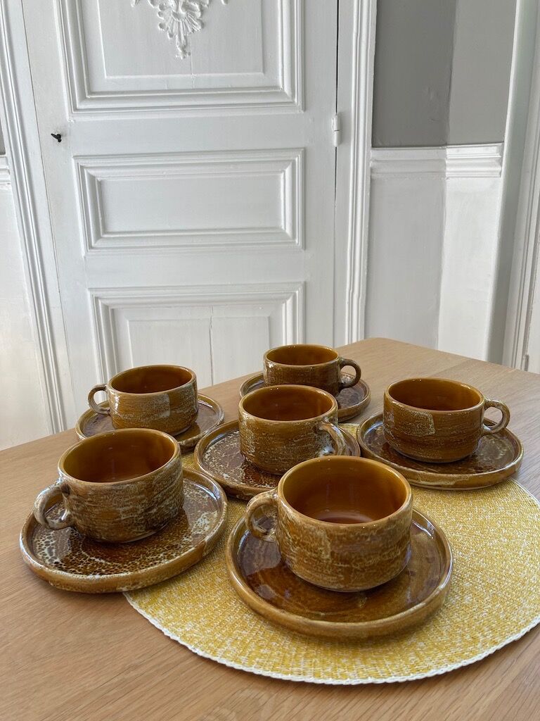 6 stoneware cups and 6 enamel plates