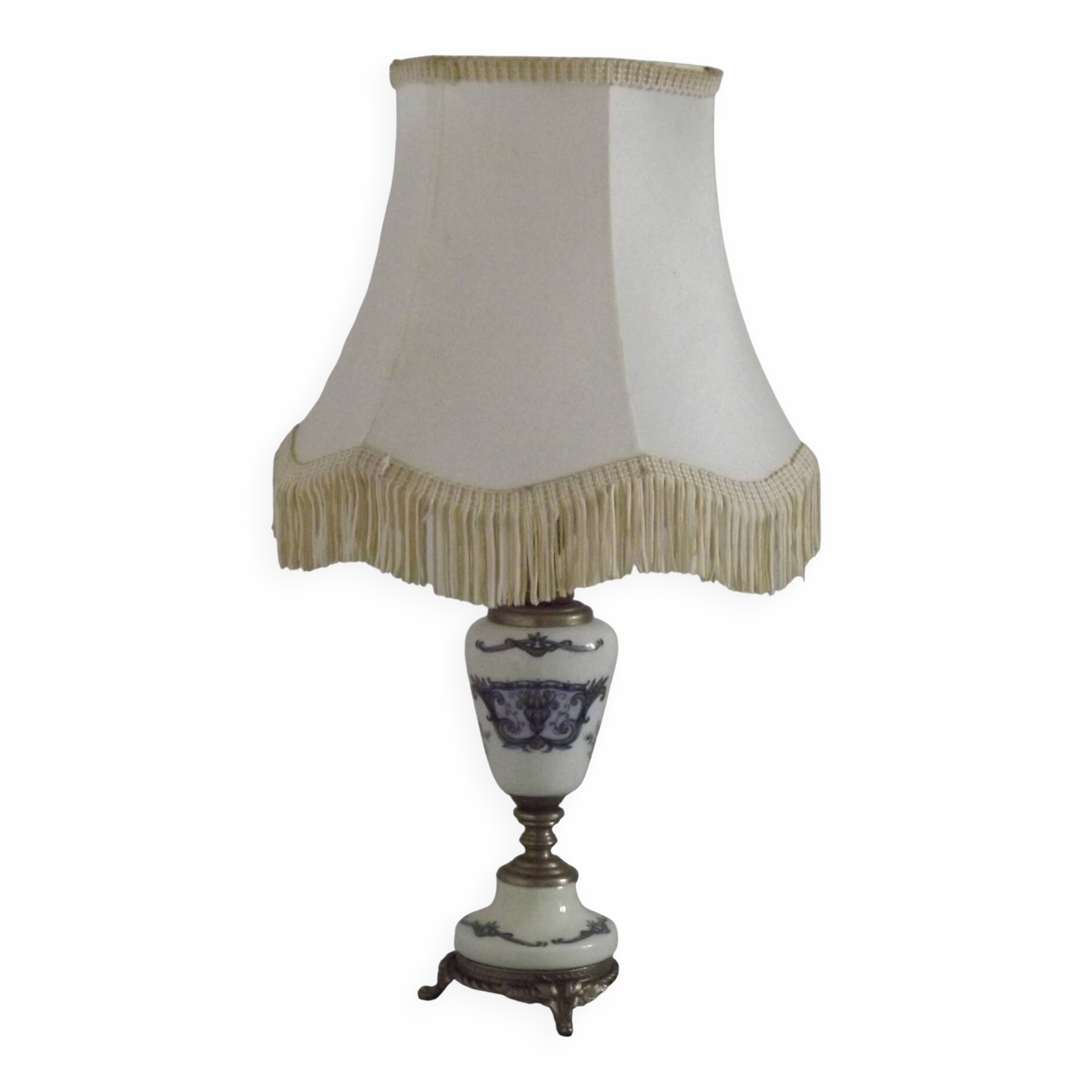 French Vintage Decorative Silver Metal and Porcelain Shaded Table Lamp