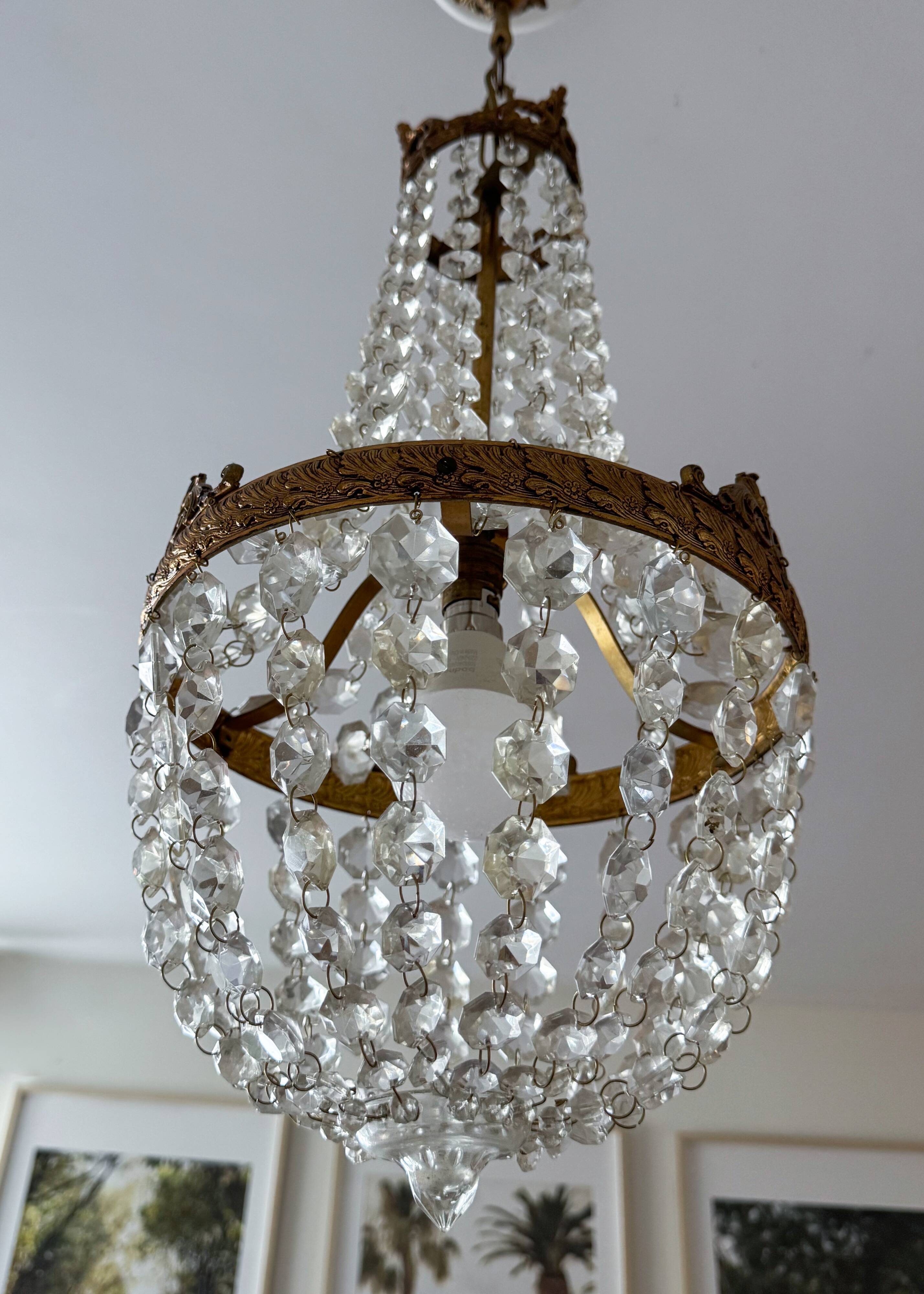 Antique brass and cut glass balloon chandelier