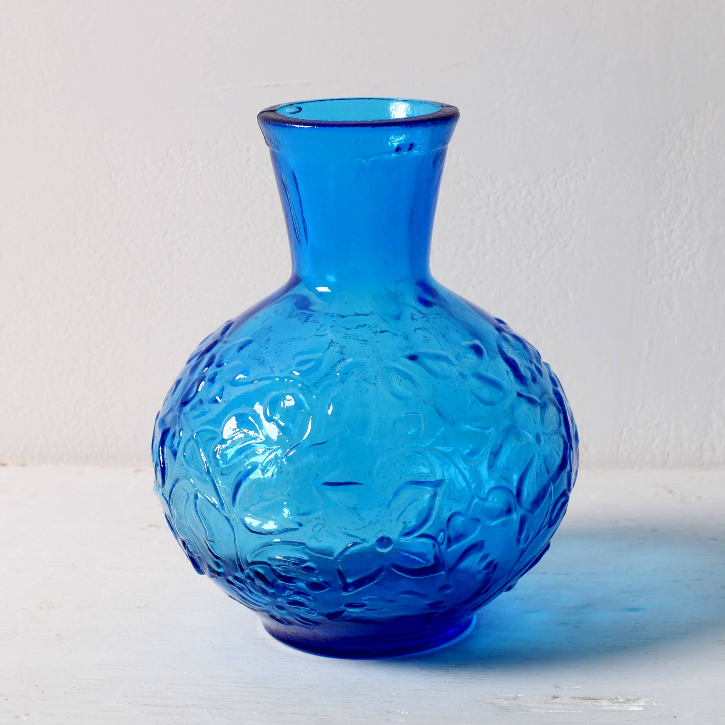 Vintage Small Blue Pressed Glass Vase with Flowers Pattern / Italy / 1960