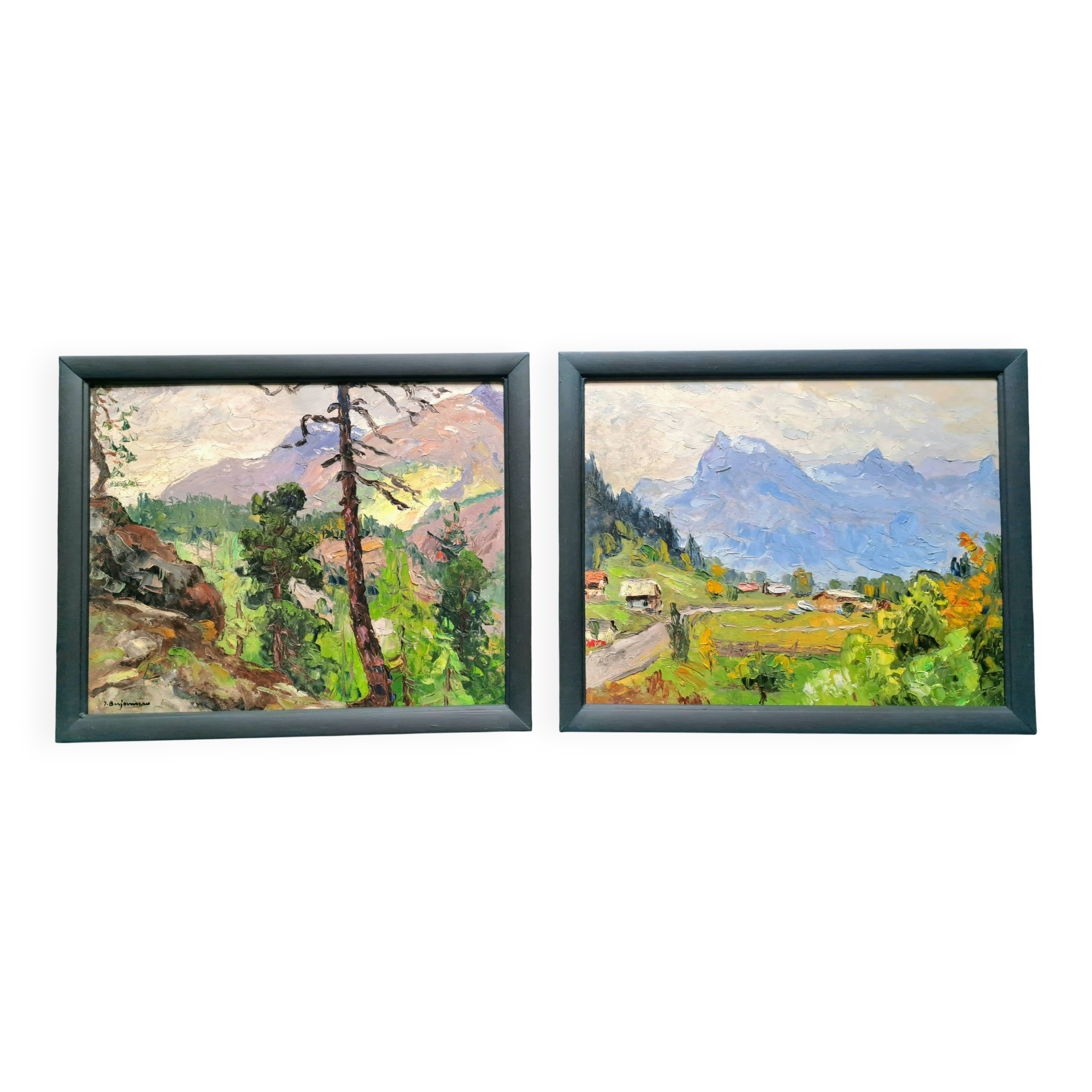 Pair of post-impressionist paintings signed BERJONNEAU, oil on cardboard.