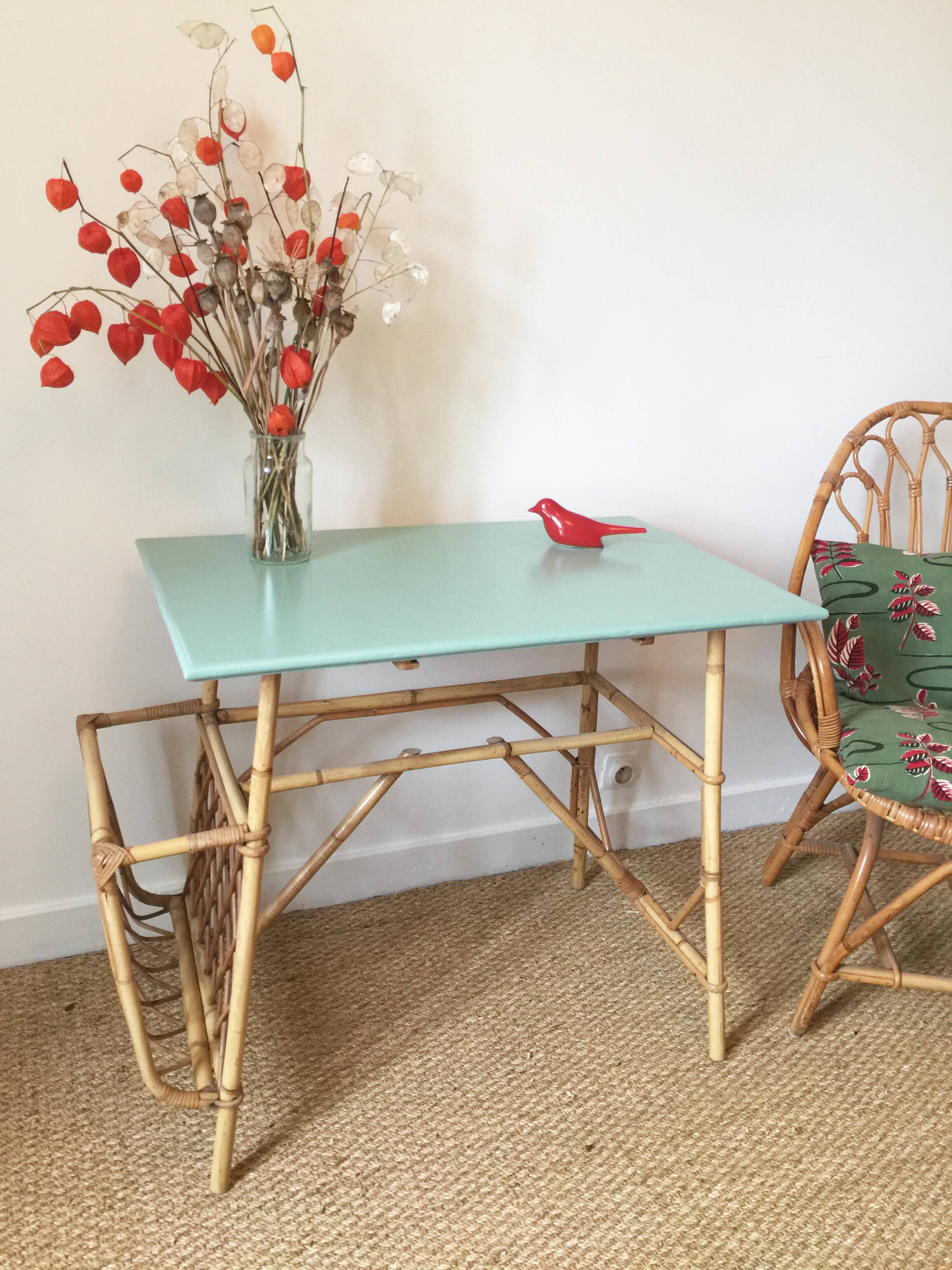 Desk mint green vintage 60s/70s Wicker rattan