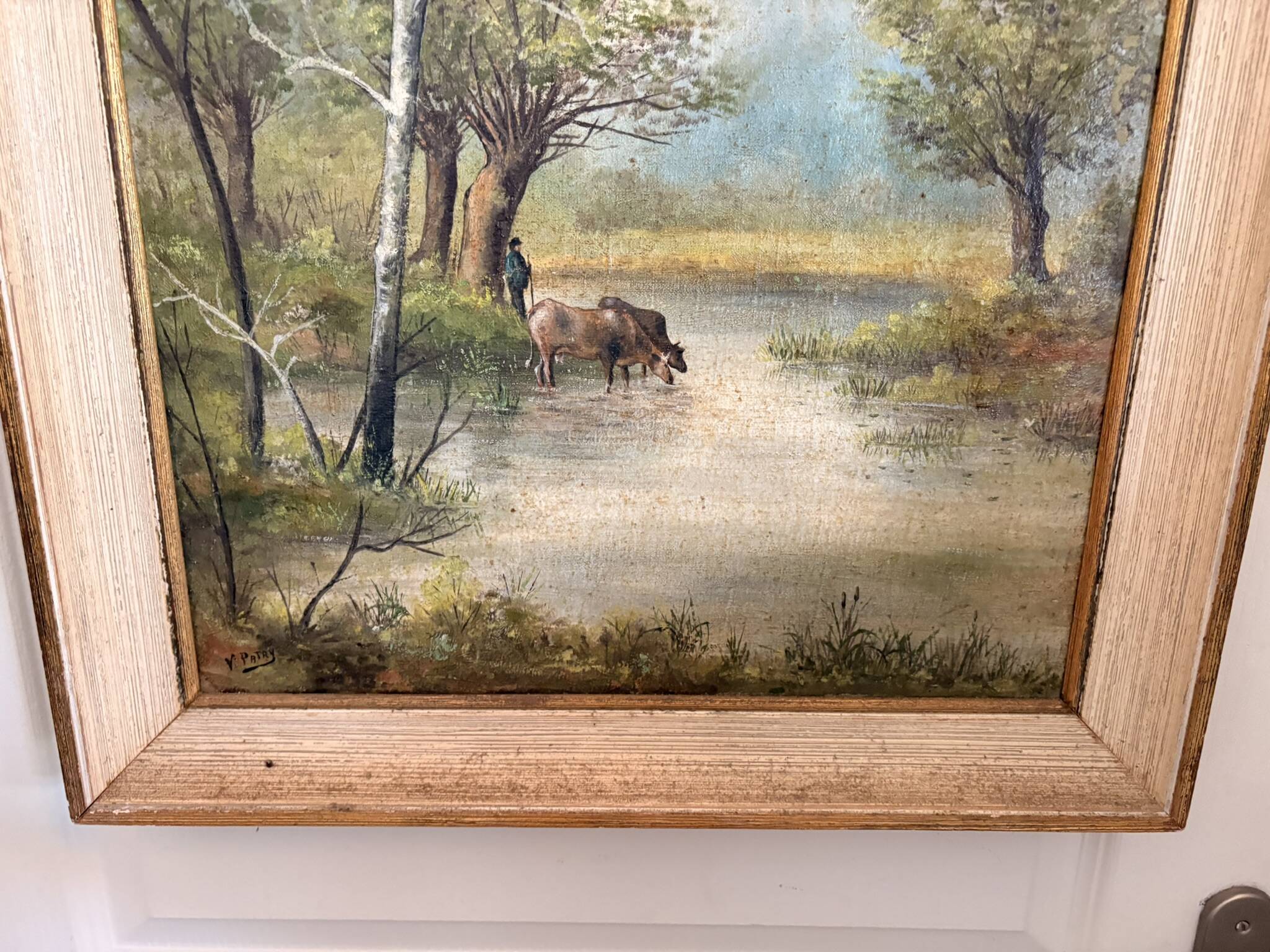 Oil Painting Canvas Shepherd Lake Cow River Fishing Landscape PATRY