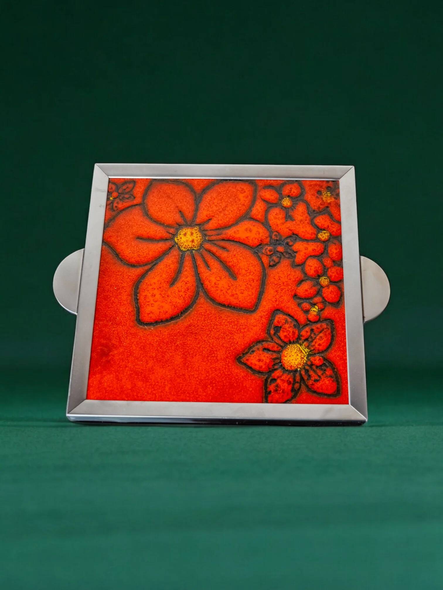 Space age floral red ceramic trivet, Spain, 1970s