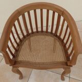 2 Colonial armchairs in natural solid wood with cane seats