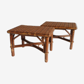 Set of 2 stools, benches in wood and rattan