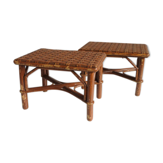Set of 2 stools, benches in wood and rattan