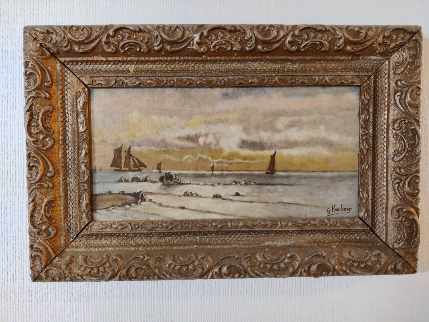 Lot of 2 old marine paintings on wood signed G. Haubois - Gilded frame