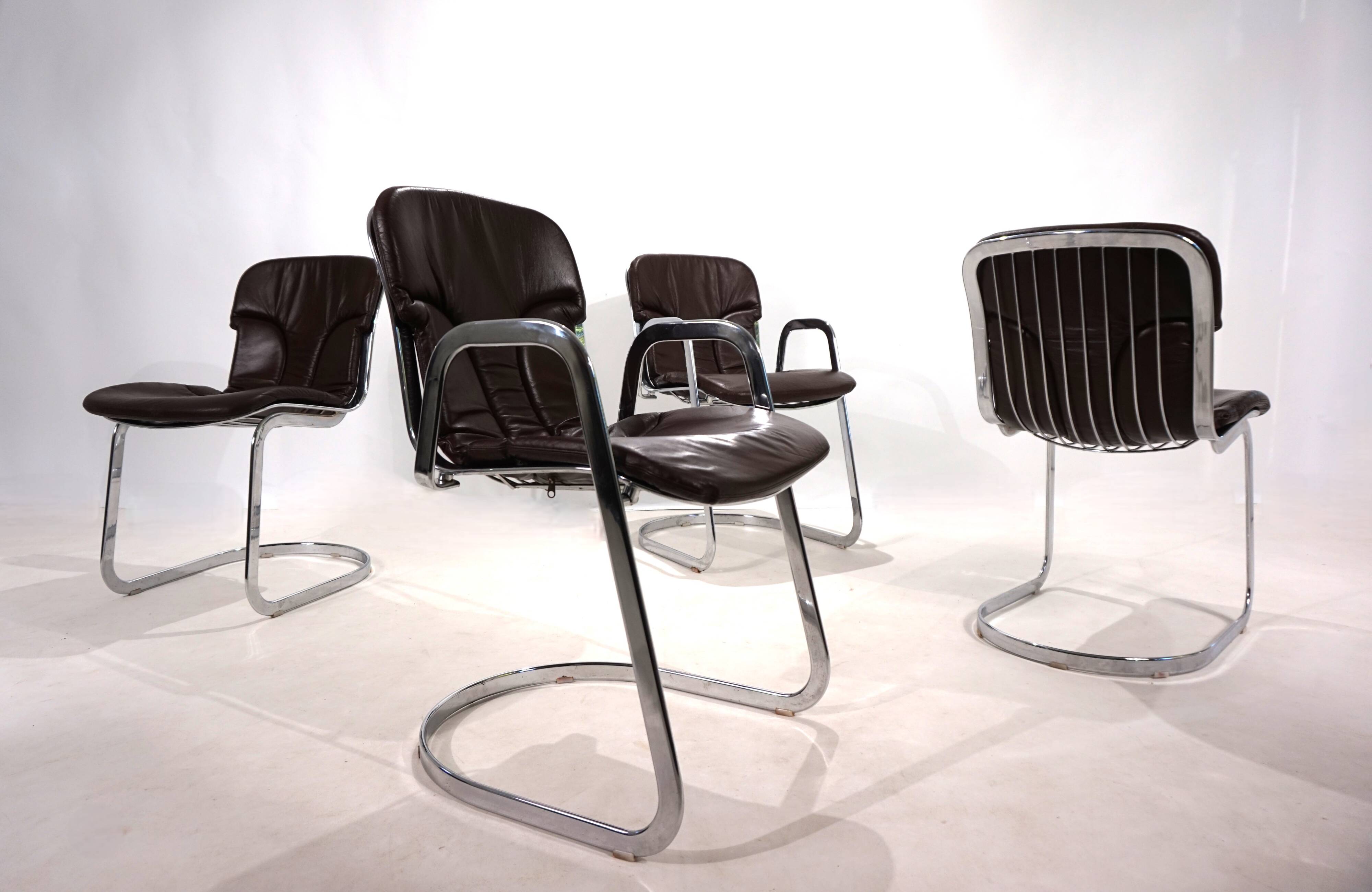Set of four Cidue leather chrome cantilever chairs by Willy Rizzo, 1970