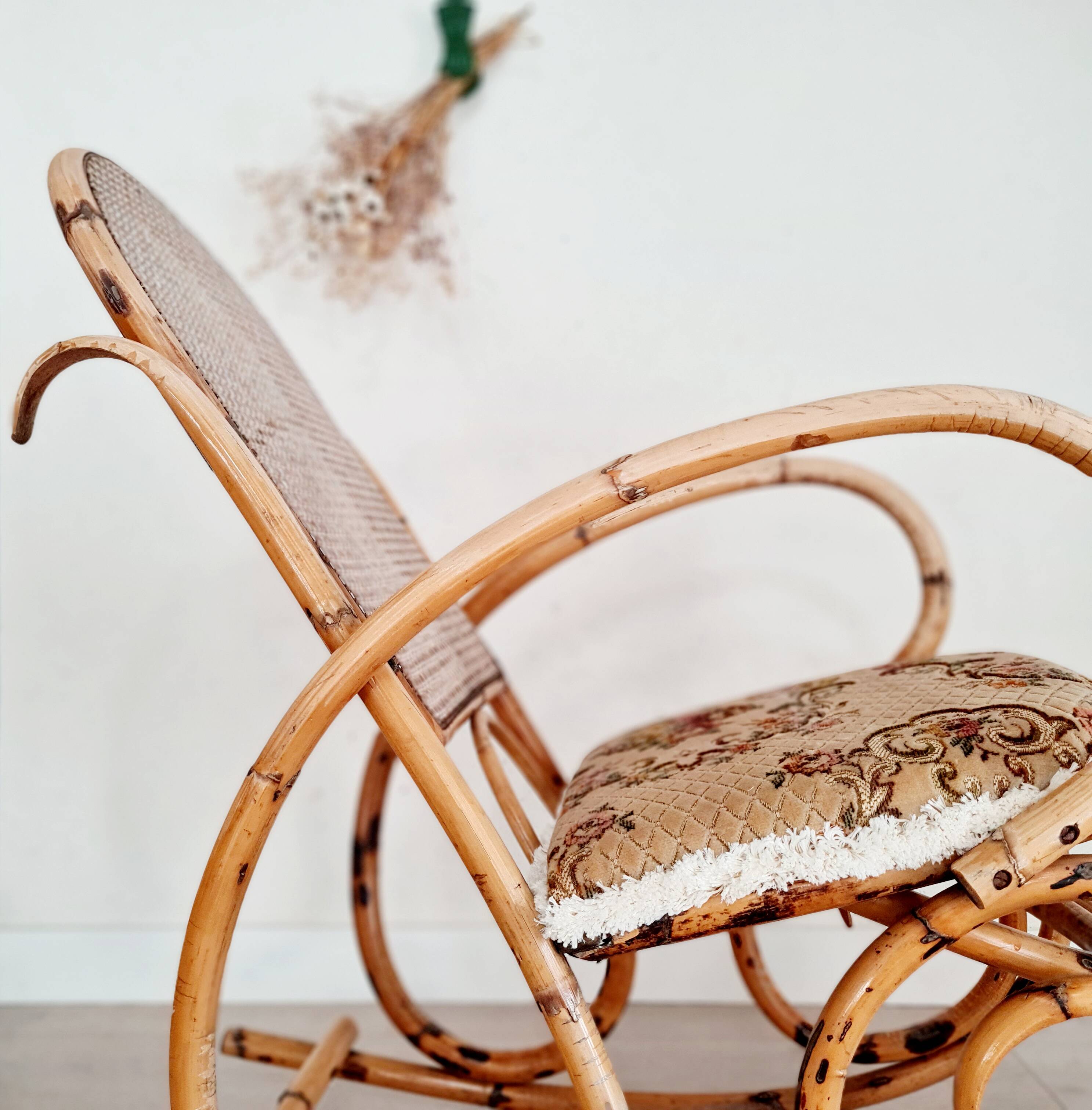 Cane rocking chair and upholstered seat