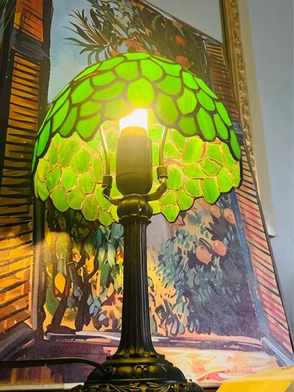 Vintage Tiffany Inspiration Lamp and Green Shade | Green Foliage Shade