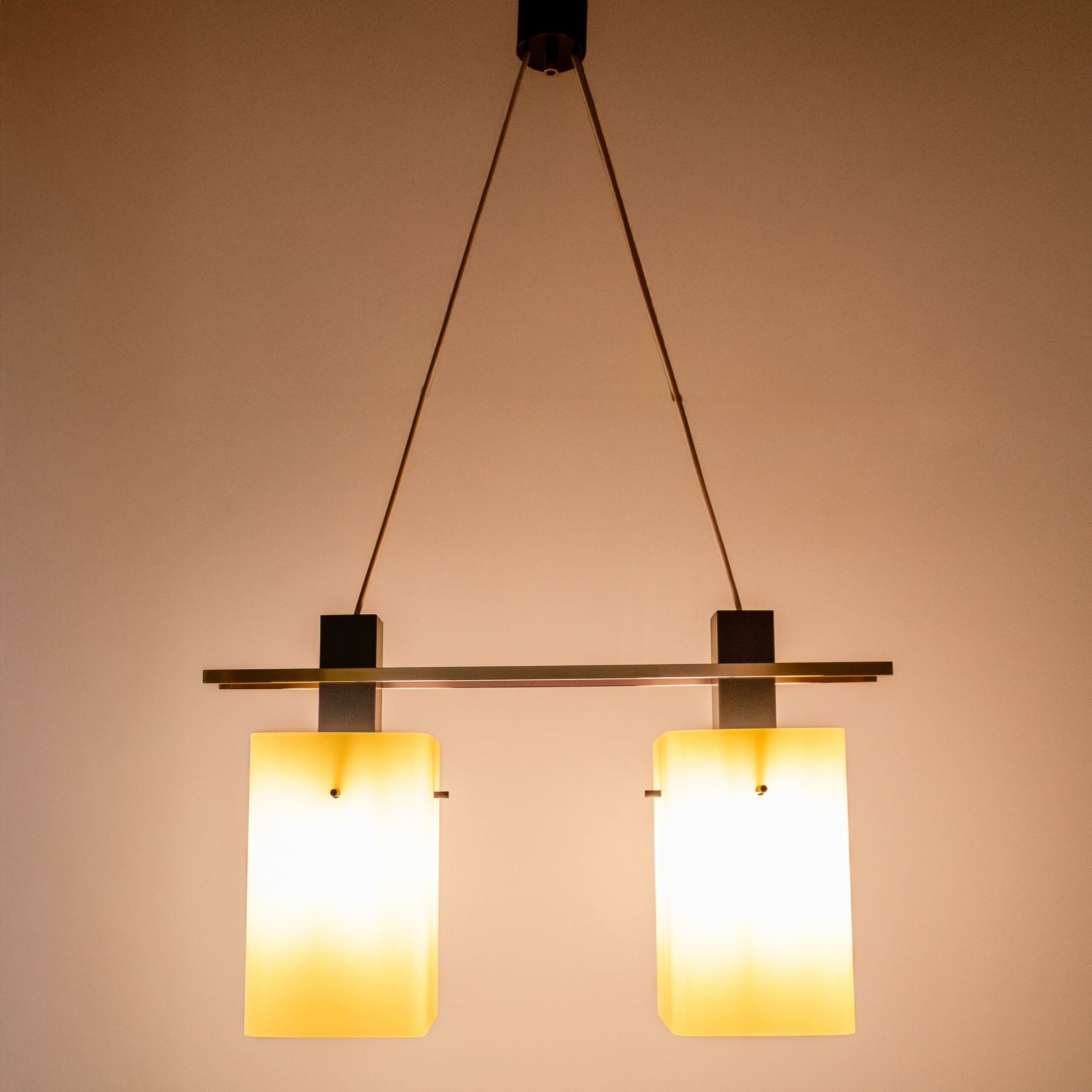 1960s Italian Stilnovo ceiling pendant with opaline glass shades and brass details