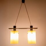 1960s Italian Stilnovo ceiling pendant with opaline glass shades and brass details