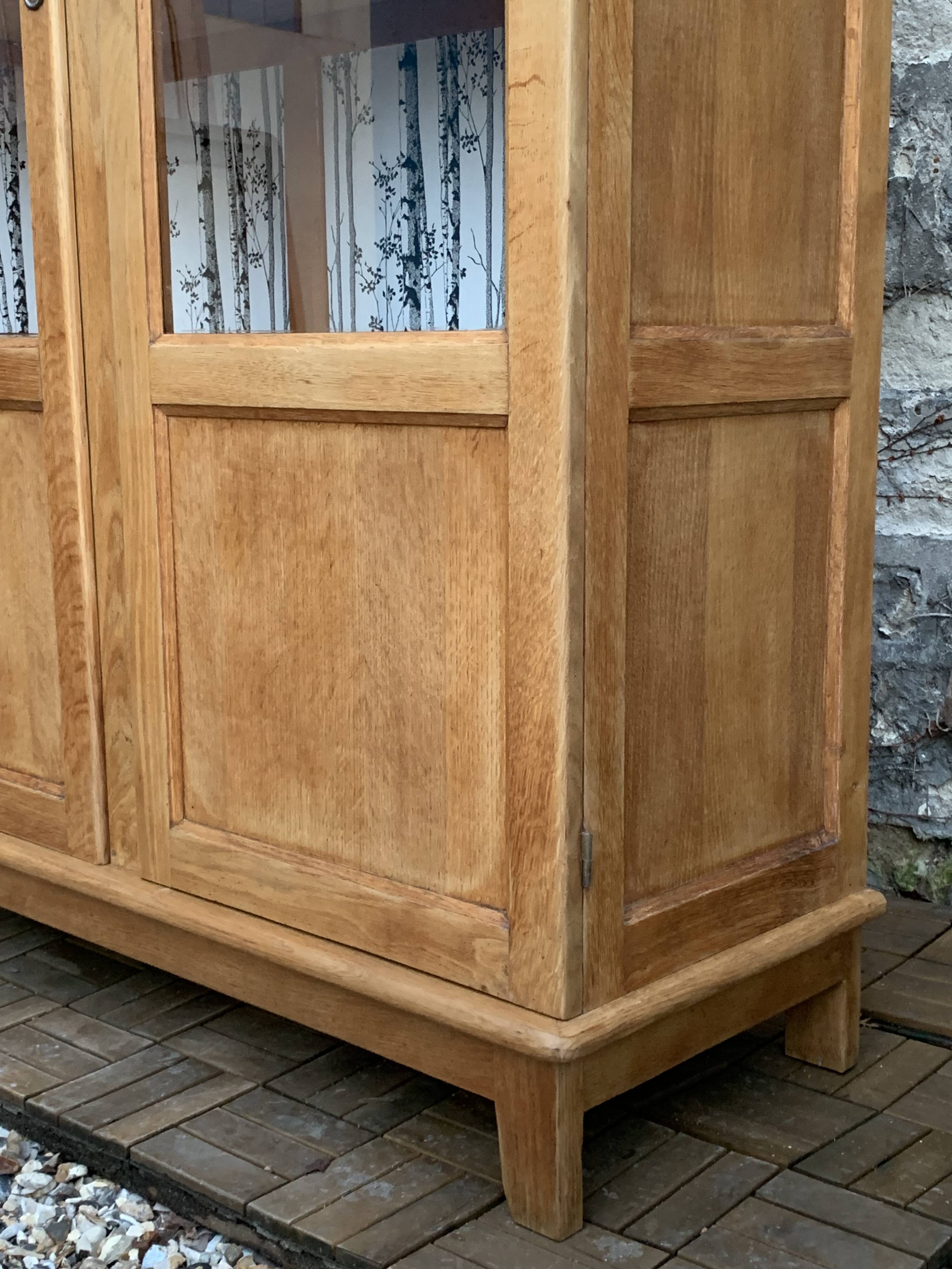 Solid raw oak school glass cabinet 1950