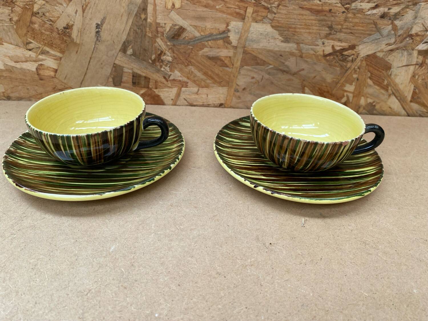Pair of antique st clement safari ceramic yellow vintage mugs