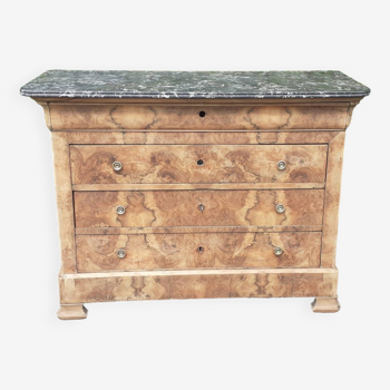 Commode 4 tiroirs style Louis Phillipe ronce de noyer bois brut