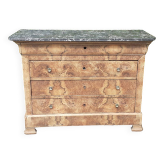 Commode 4 tiroirs style Louis Phillipe ronce de noyer bois brut